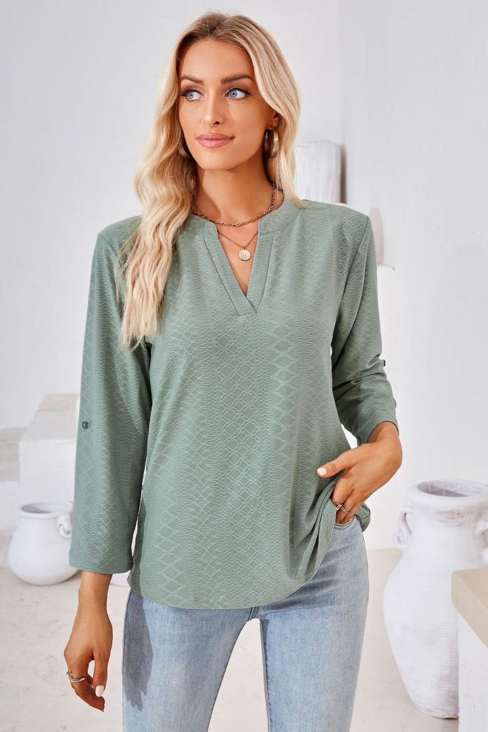 Full Size V-Neck Roll-Tap Sleeve Blouse