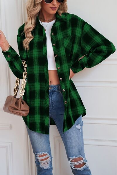 Plaid Button Up Dropped Shoulder Outerwear