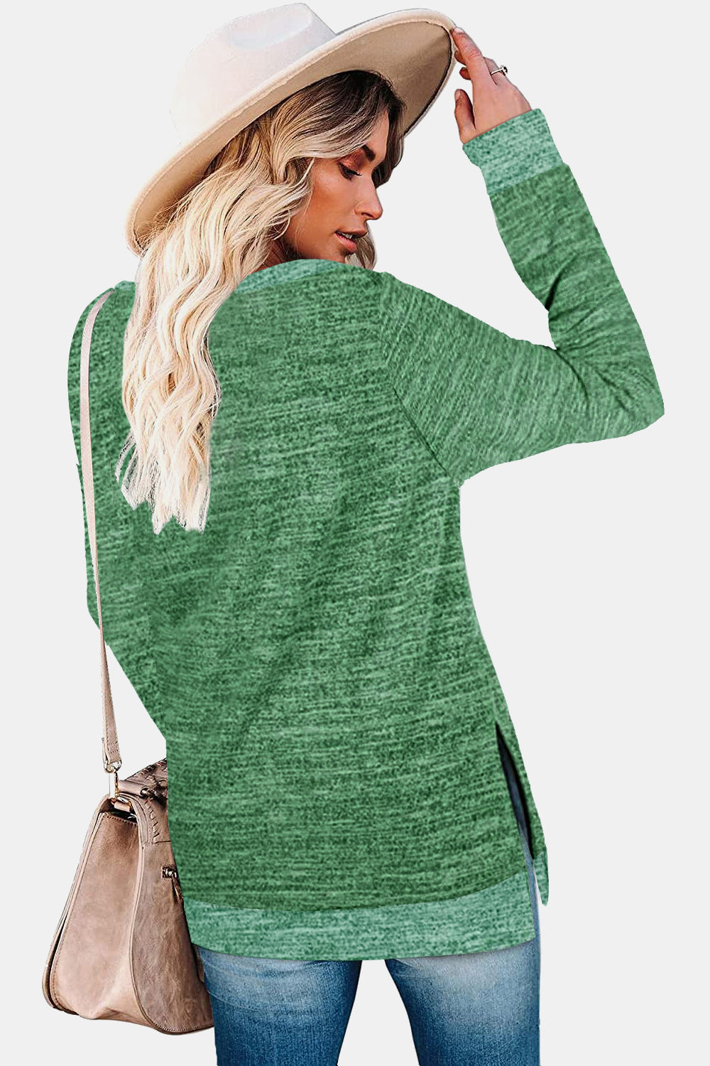 Full Size Round Neck Long Sleeve Slit T-Shirt