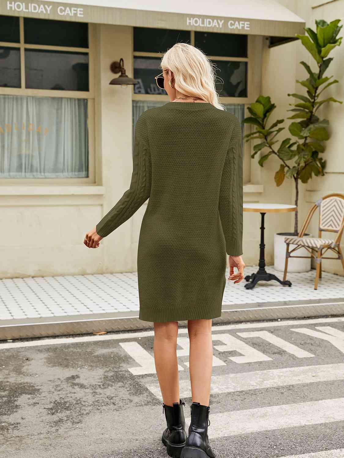 CozyWonders Full Size Notched Neck Cable-Knit Slit Sweater Dress