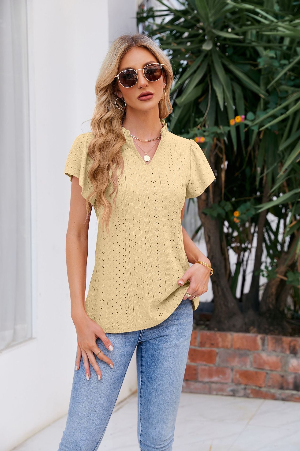 Women's Full Size Notched Neck Puff Sleeve Blouse