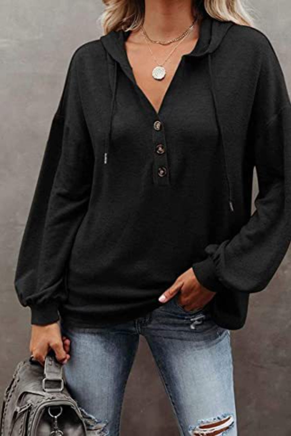 Full Size Buttoned Drop Shoulder Hoodie