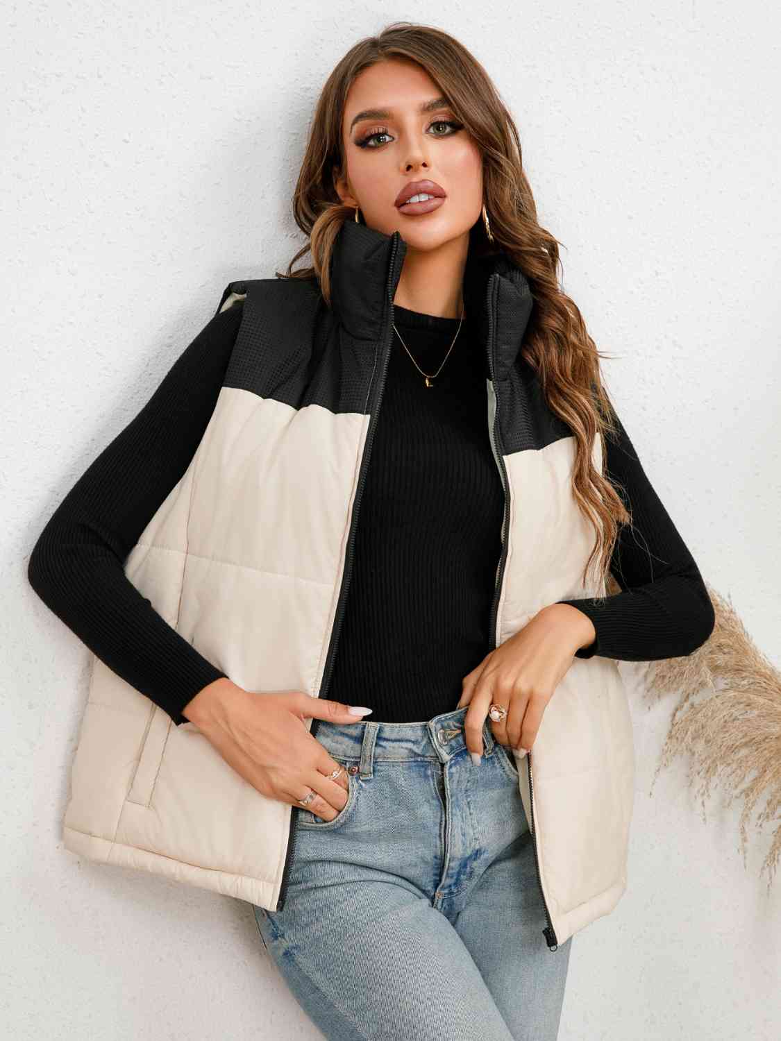 White Full Size Two-Tone Zip-Up Vest