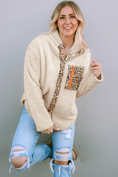 SoComfy Beige Leopard Snap Down Pocketed Collared Neck Jacket