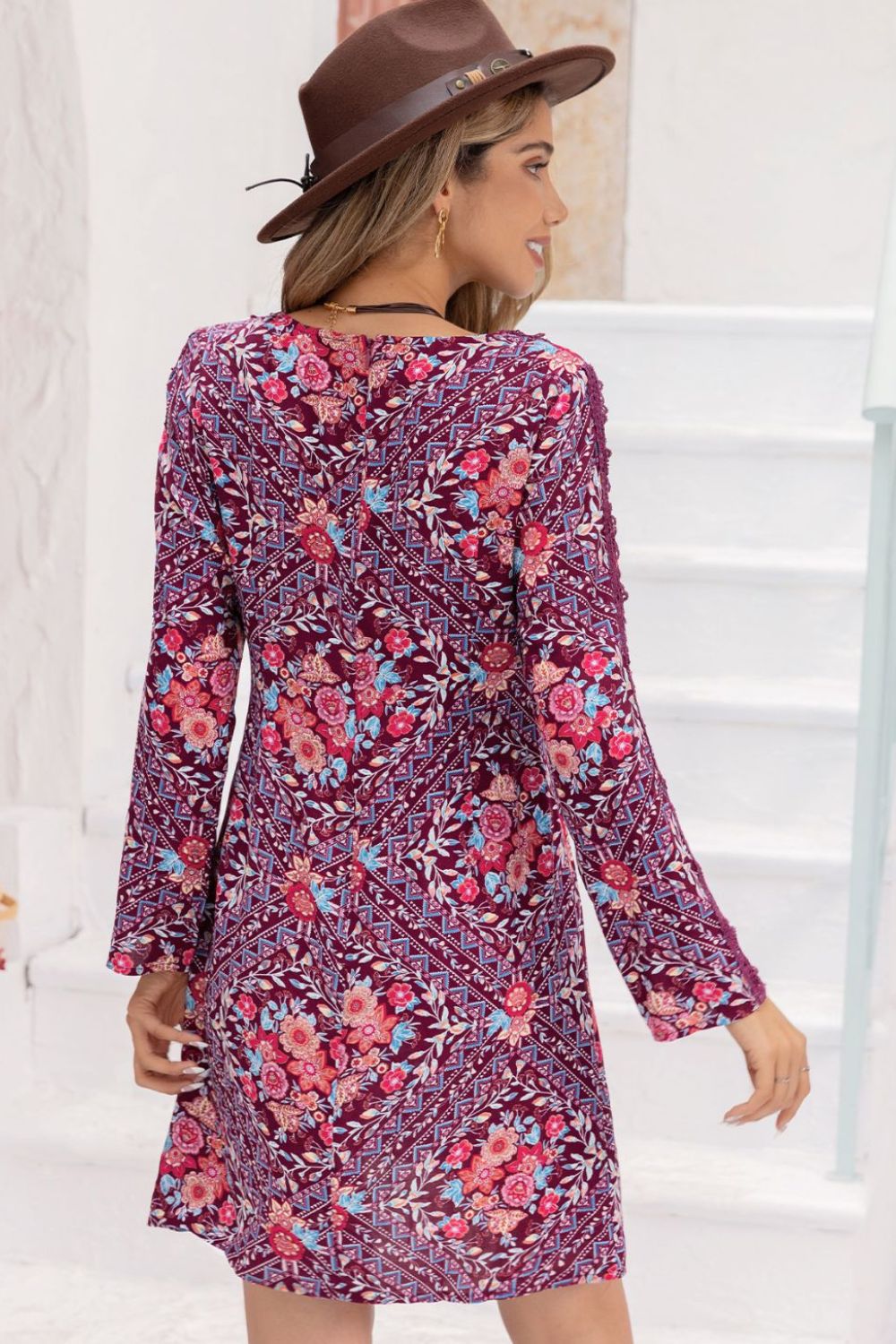 Purple V-Neck Long Sleeve Printed Mini Dress