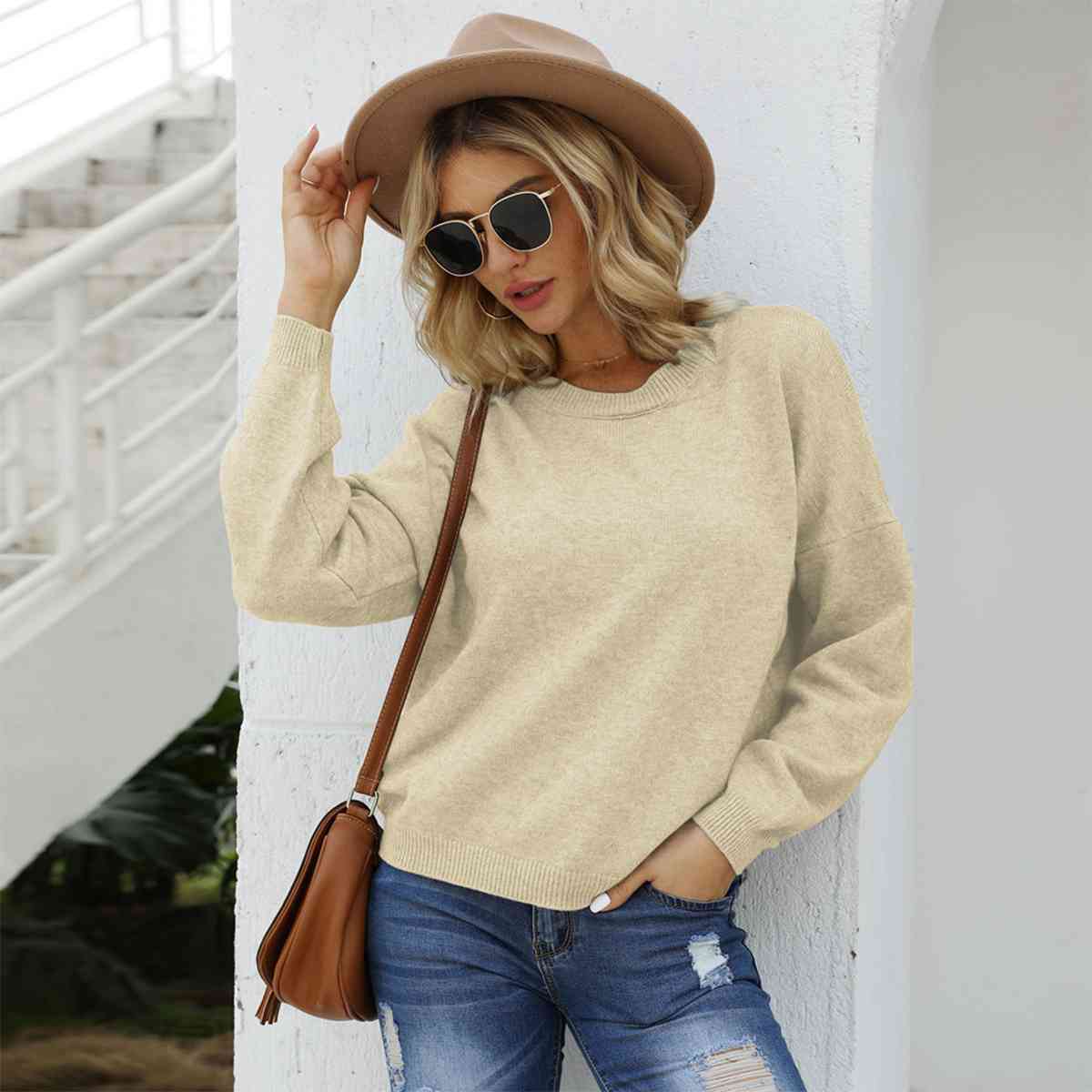 SnuggleTime Round Neck Long Sleeve Drop Shoulder Sweater