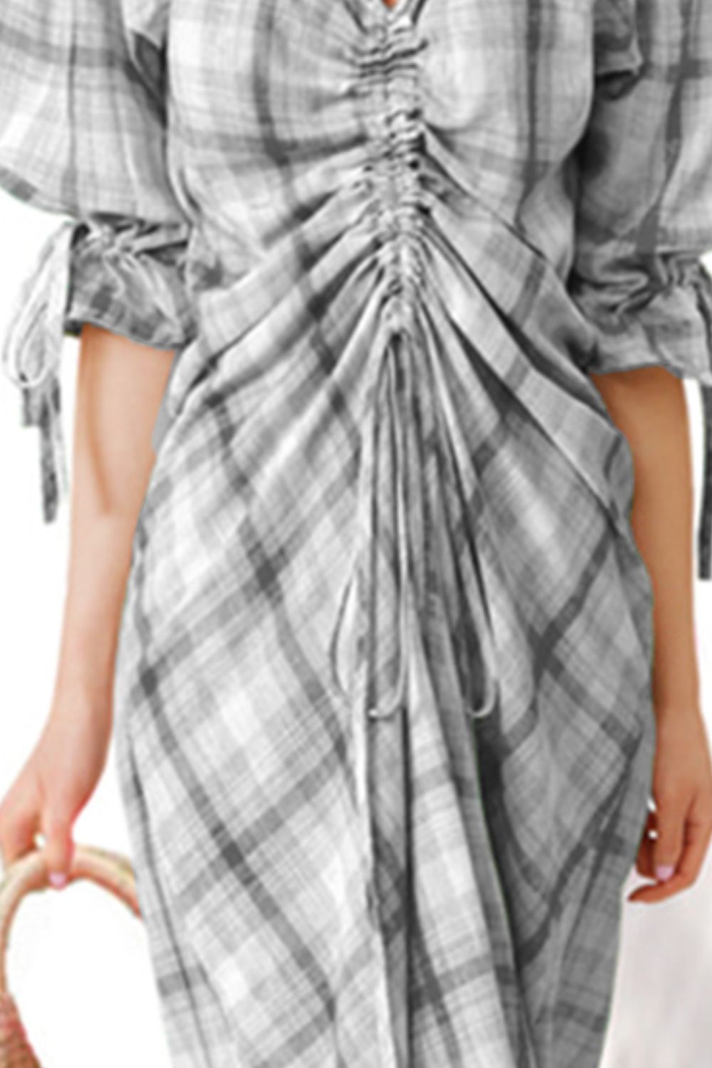 Women's Plus Size Plaid Drawstring Detail Flounce Sleeve Dress