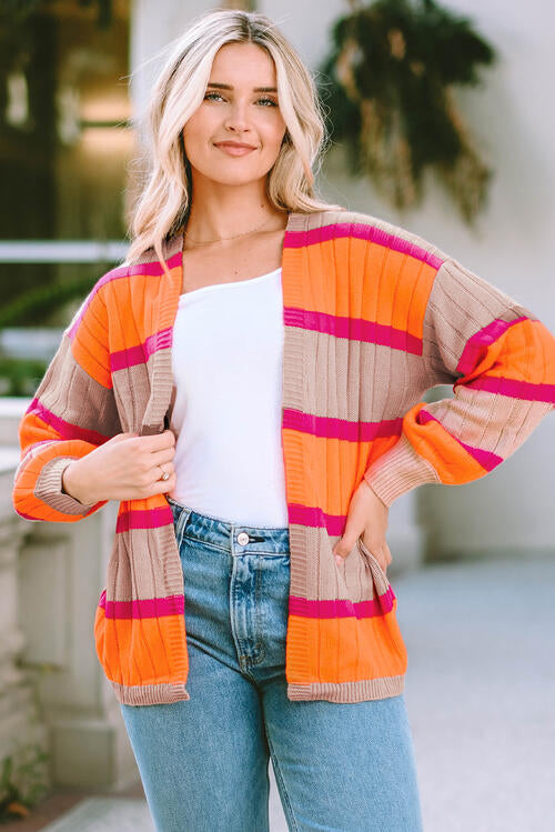 Charming Trends Ribbed Striped Open Front Long Sleeve Cardigan