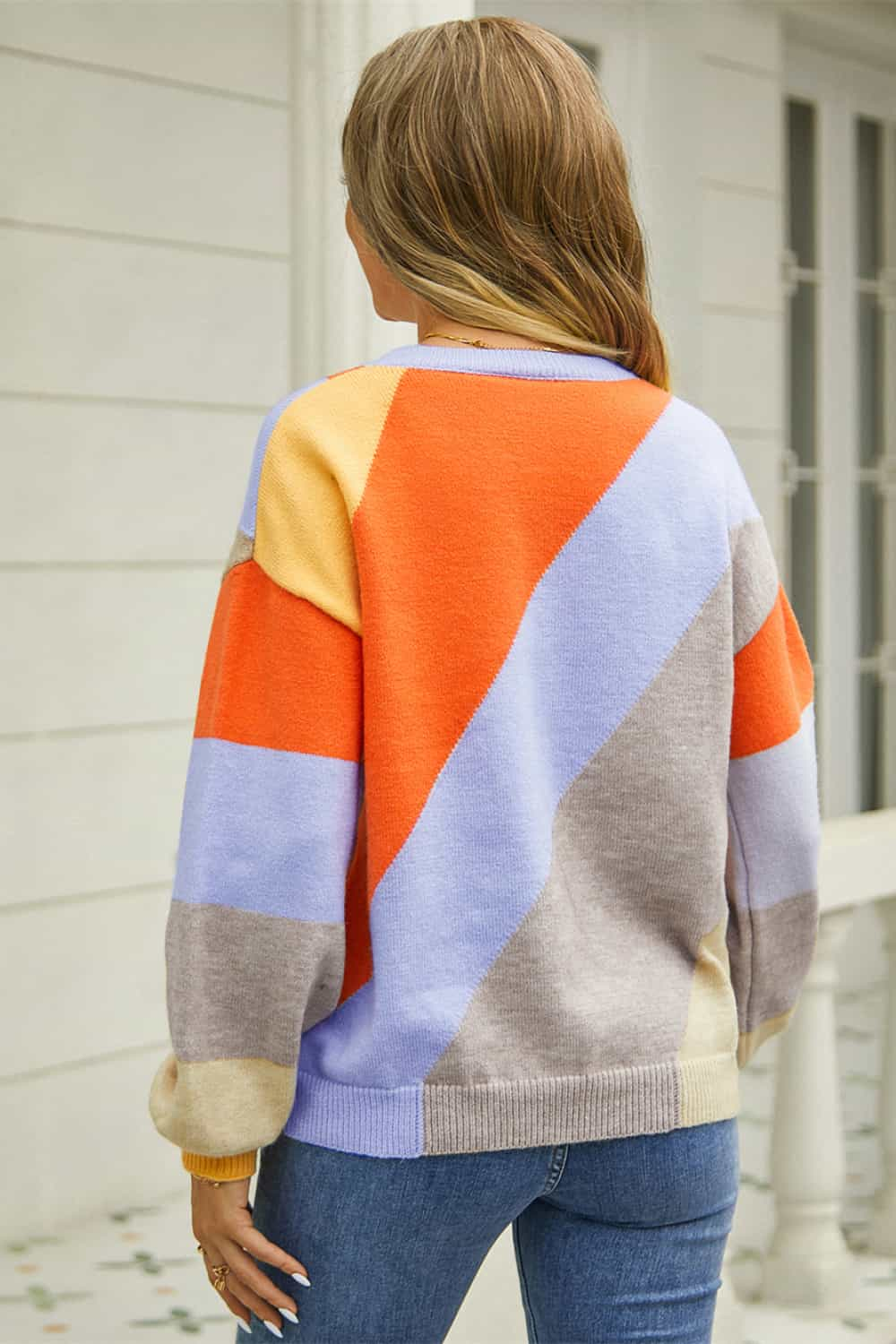 ZELDAlea Color Block Round Neck Long Sleeve Sweater