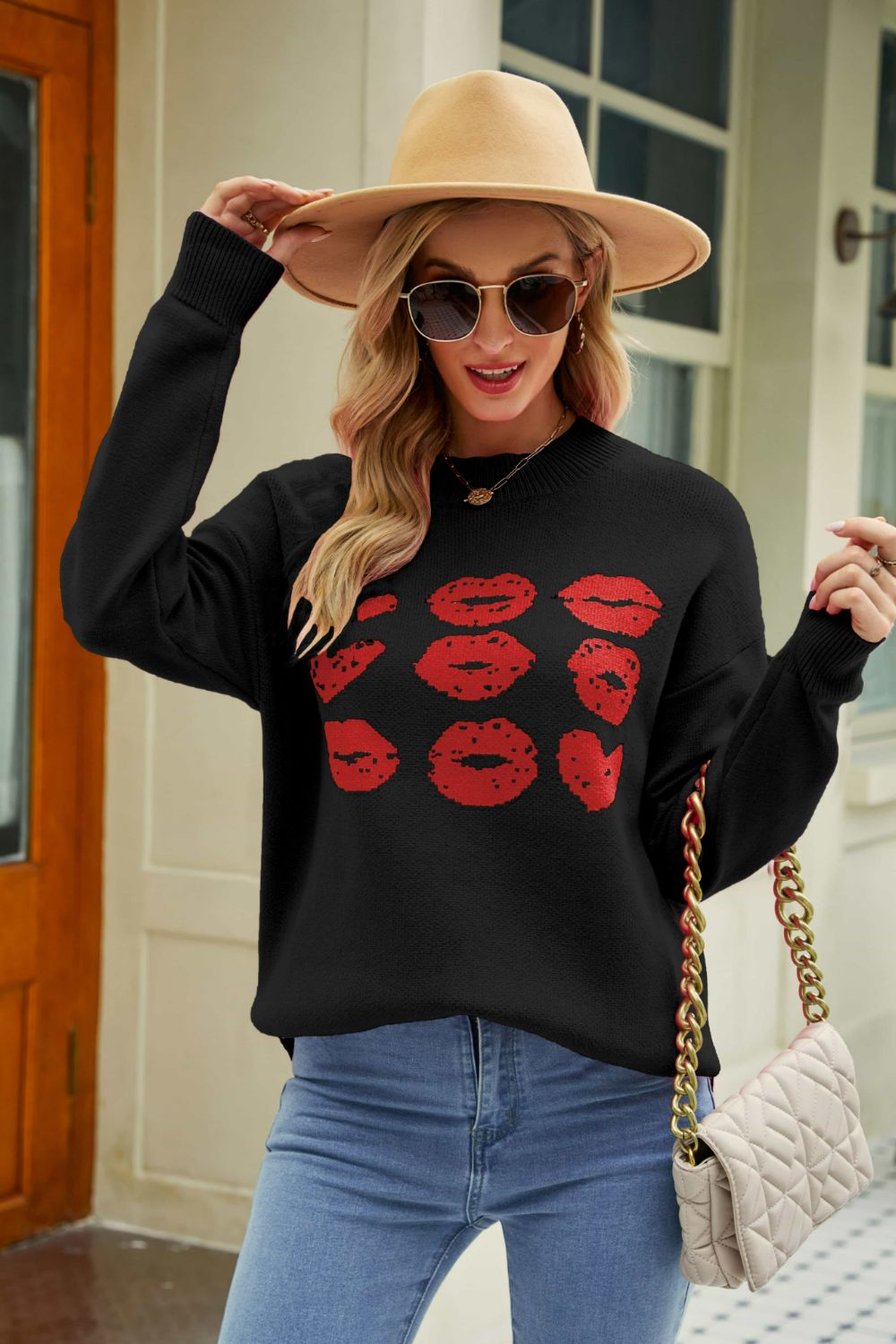 Women's Lip Graphic Slit Dropped Shoulder Sweater