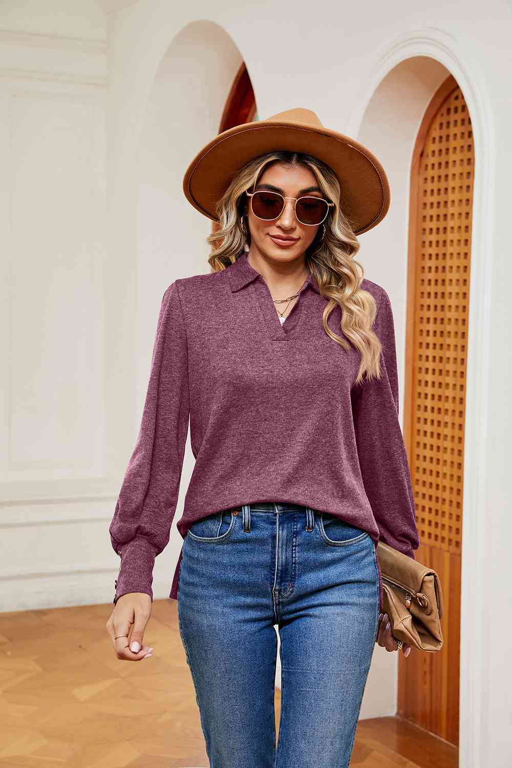 Full Size Johnny Collar Long Sleeve Top