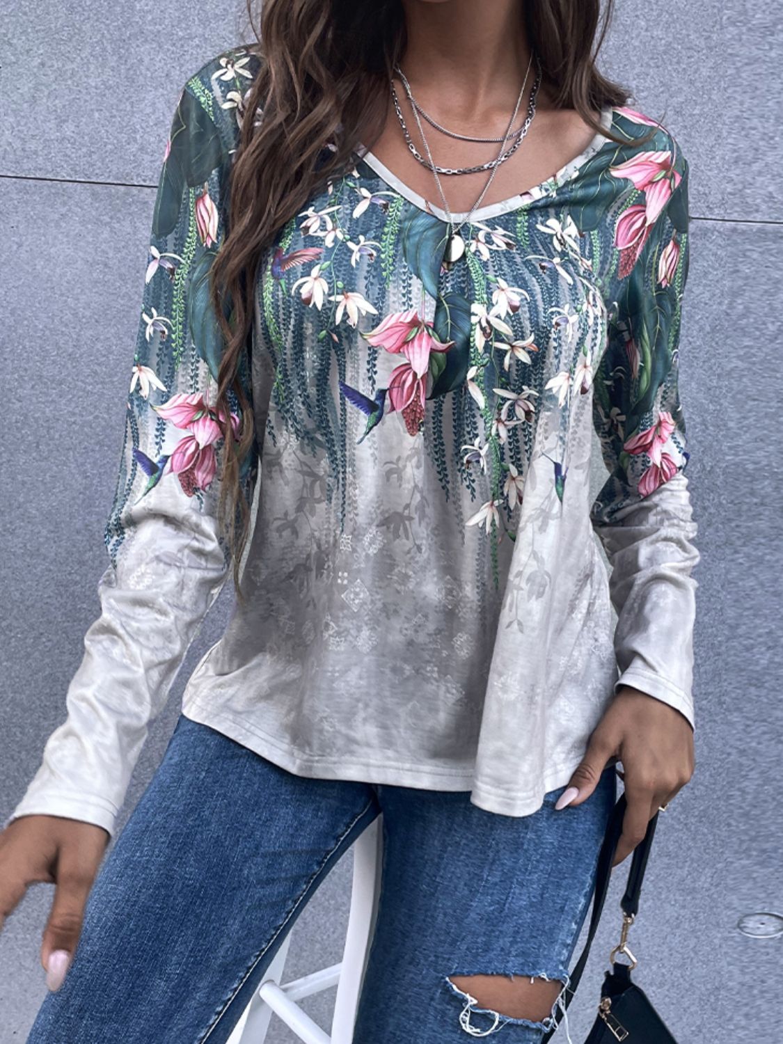 Full Size Floral V-Neck Long Sleeve Tee