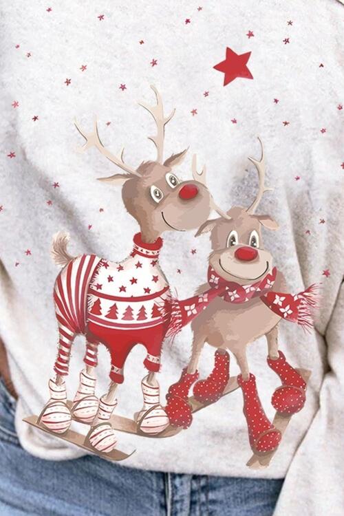 CHRISTMAS Reindeer White Graphic Asymmetrical Neck Long Sleeve Top