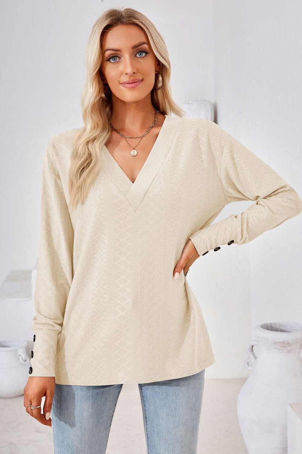 Full Size V-Neck Long Sleeve Blouse