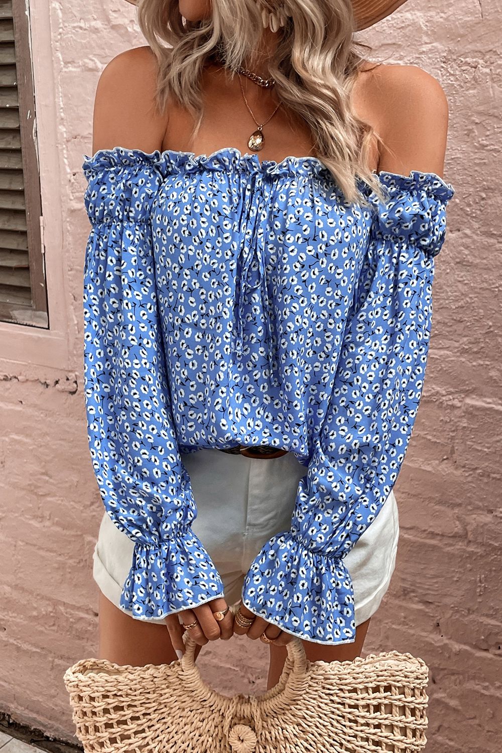 Adelisa & Yehn Off Shoulder Printed Frill Trim Blouse