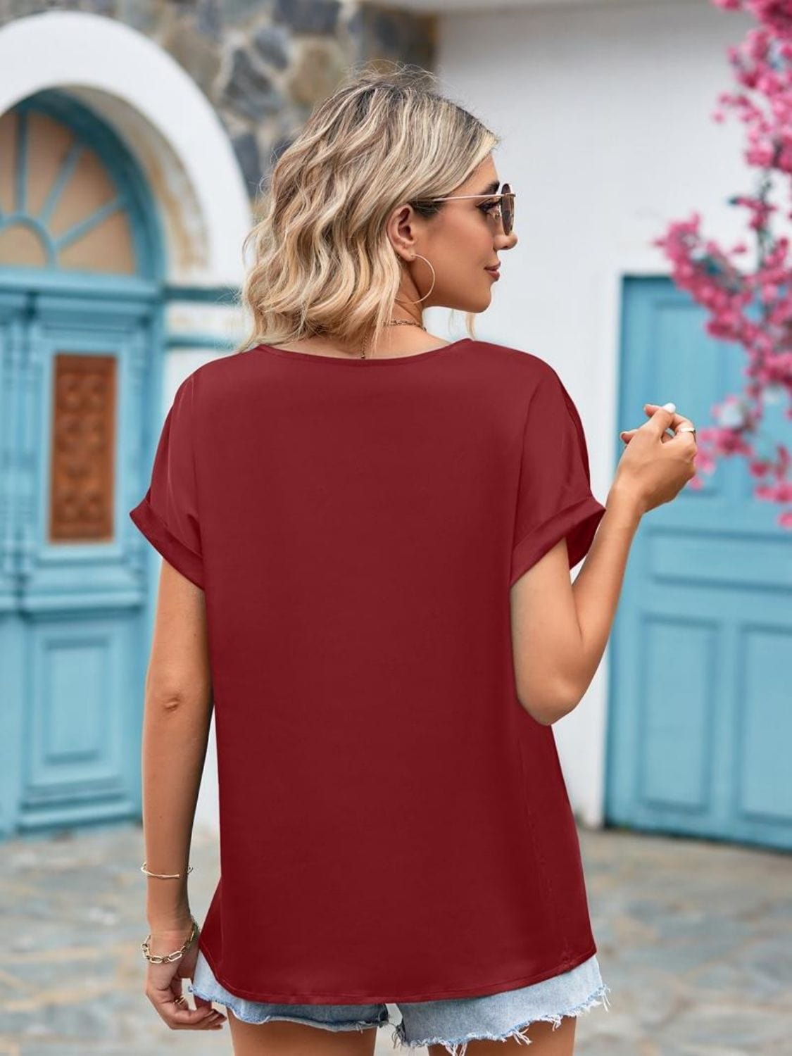 Full Size V-Neck Cuffed Blouse