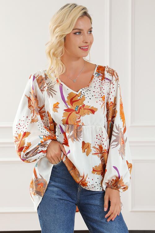 White Printed V-Neck Smocked Balloon Sleeve Blouse