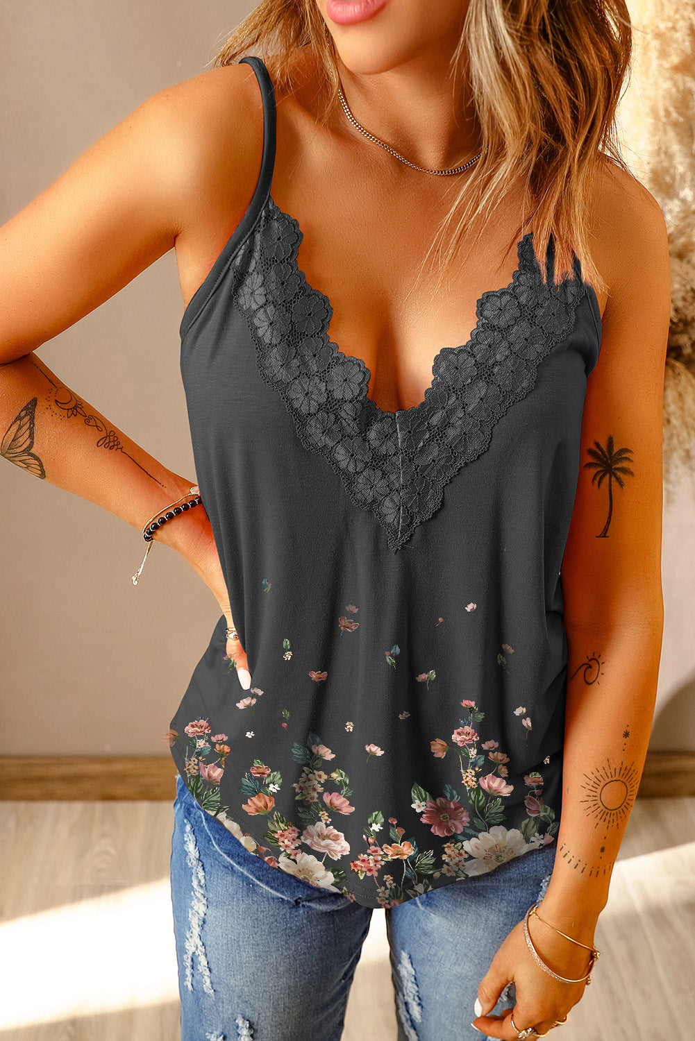 Floral Lace Trim Full Size Scalloped Plunge Cami