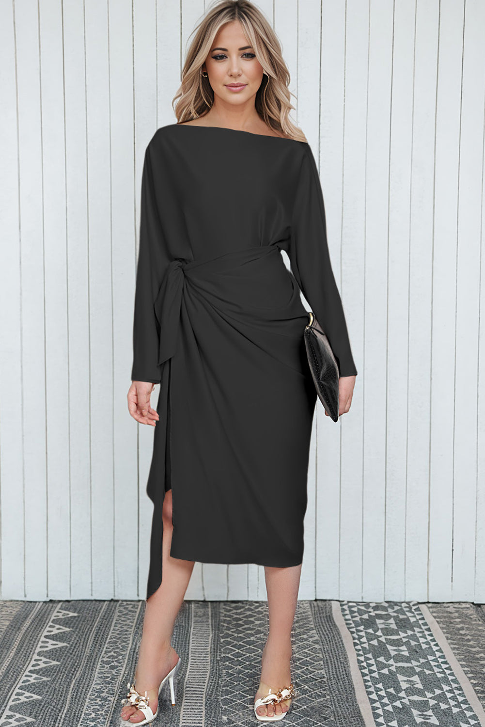 SoPretty Full Size Boat Neck Long Sleeve Twisted Midi Dress