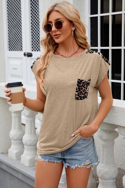 Leopard Round Neck Cap Sleeve T-Shirt