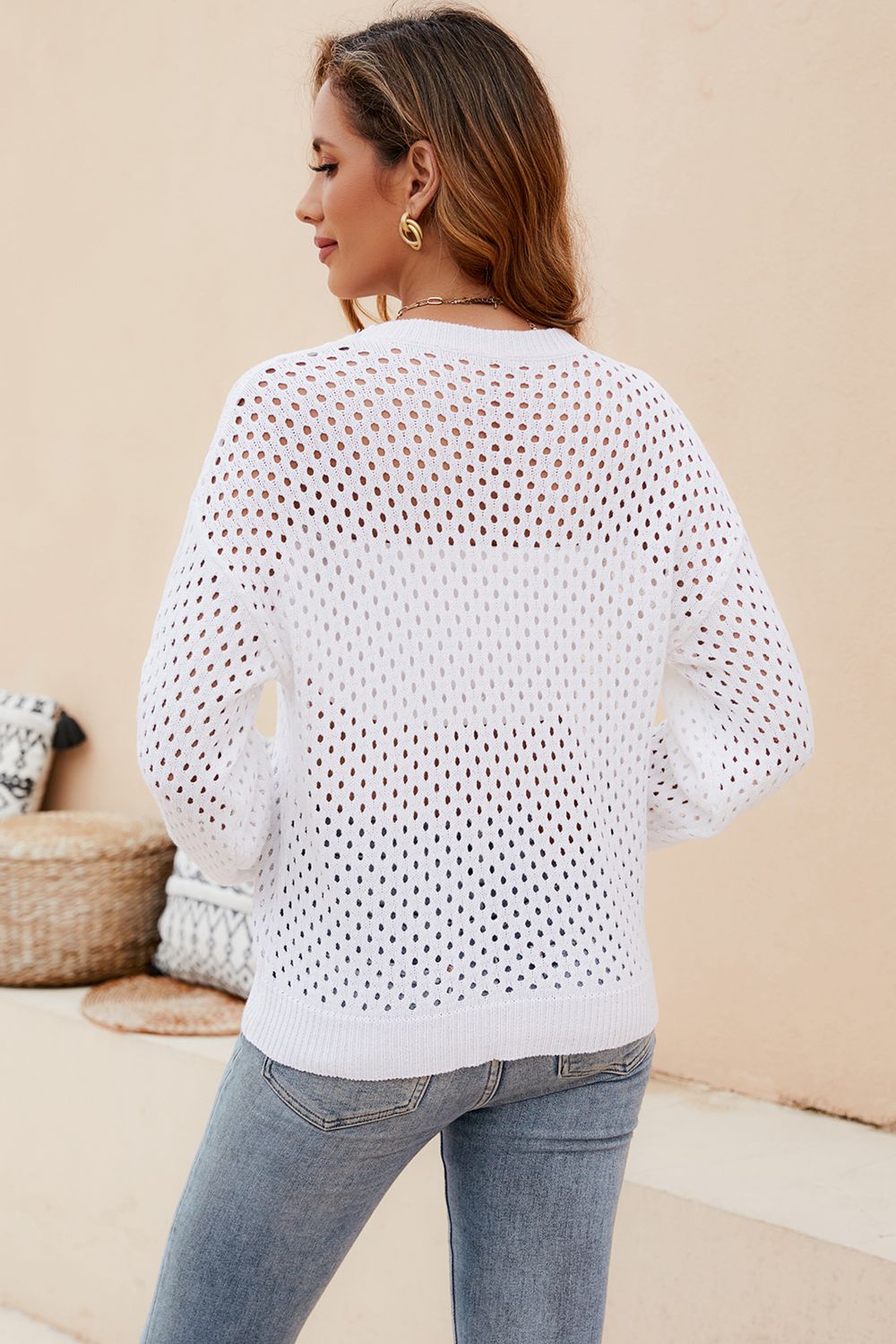 Beauteous Round Neck Openwork Dropped Shoulder Knit Top