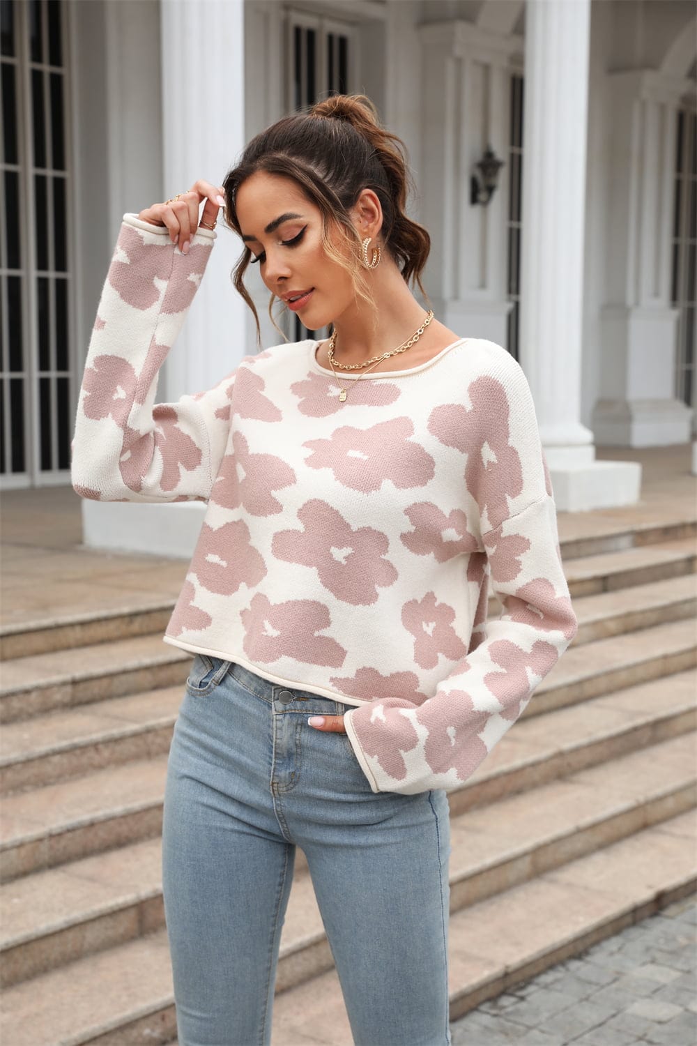 Malibu Dreams Round Neck Flower Pattern Dropped Shoulder Pullover Sweater