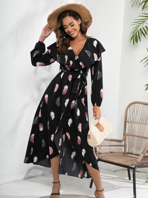 OhSoMidi Black Printed Tie Front Ruffle Trim Long Sleeve Dress