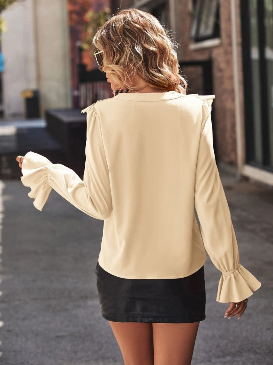 Full Size Ruffled V-Neck Flounce Sleeve Shirt