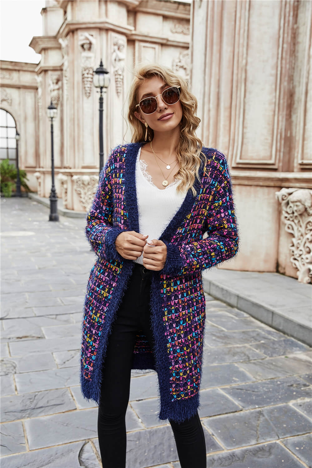 Multicolored Ribbed Trim Open Front Cardigan with Pockets