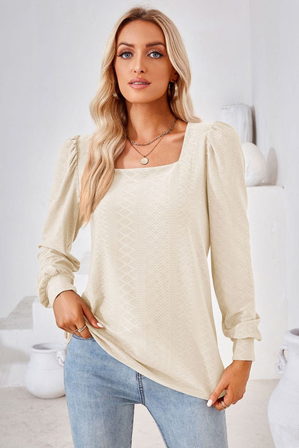 Full Size Square Neck Puff Sleeve Blouse