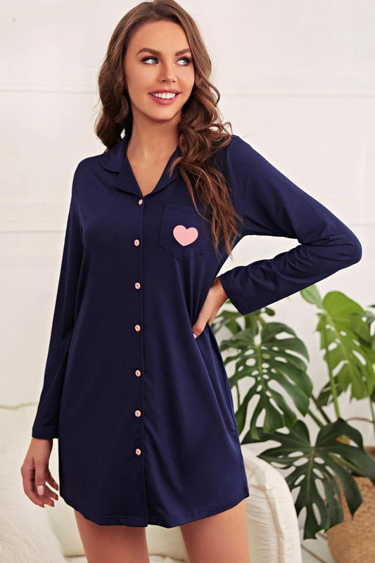 SOCOMFY Heart Graphic Lapel Collar Night Shirt Dress