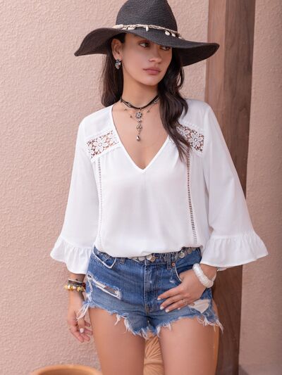 Women's Ava White Cutout V-Neck Flounce Sleeve Blouse