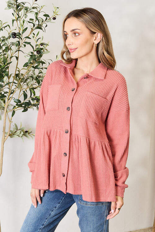 Heimish Full Size Waffle-Knit Button Down Blouse