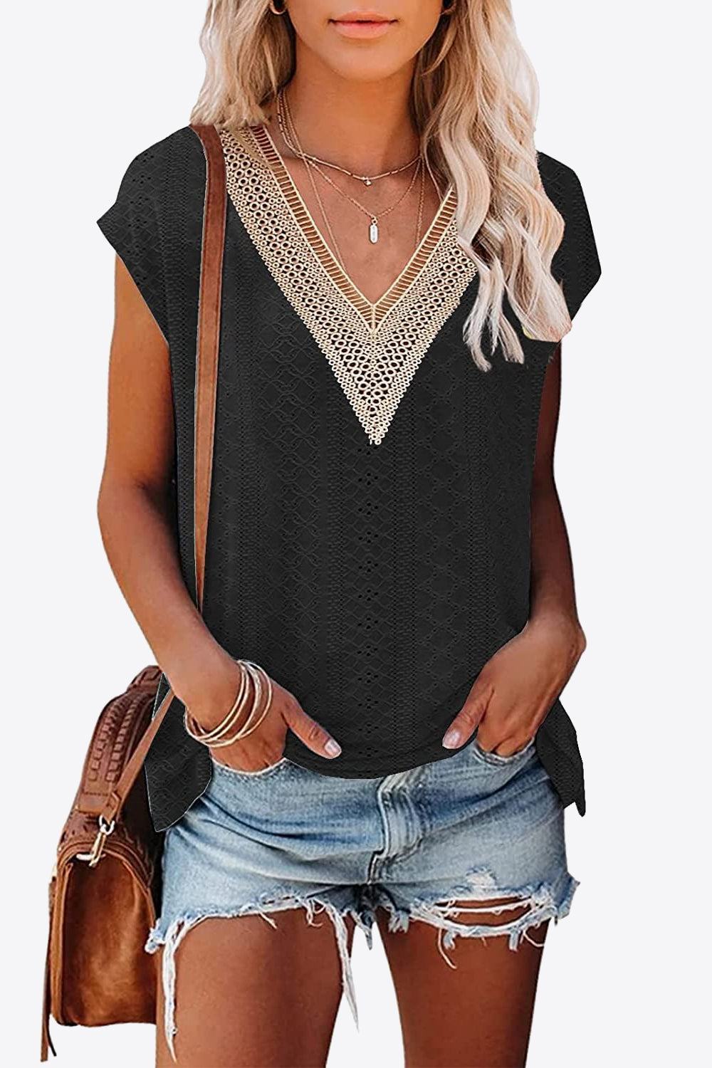 Full Size Eyelet Contrast V-Neck Tee