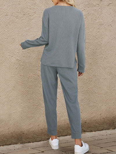 Round Neck Top and Drawstring Cloudy Blue Pants Set