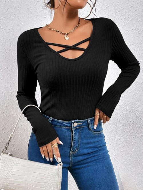 Ribbed Crisscross V-Neck Black Long Sleeve Knit Top