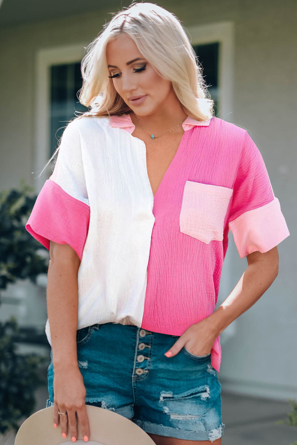 Malibu Dreams Women's Short Sleeve Color Block Textured Johnny Collar Blouse