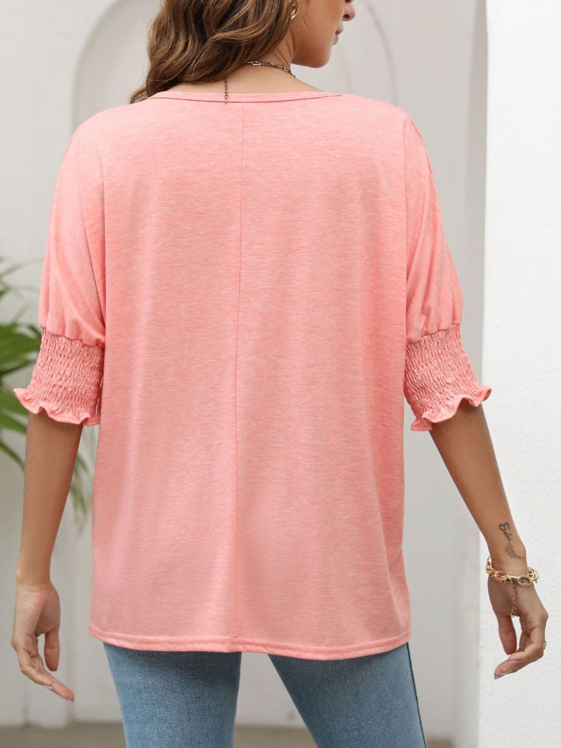 Full Size Smocked Flounce Sleeve Round Neck T-Shirt