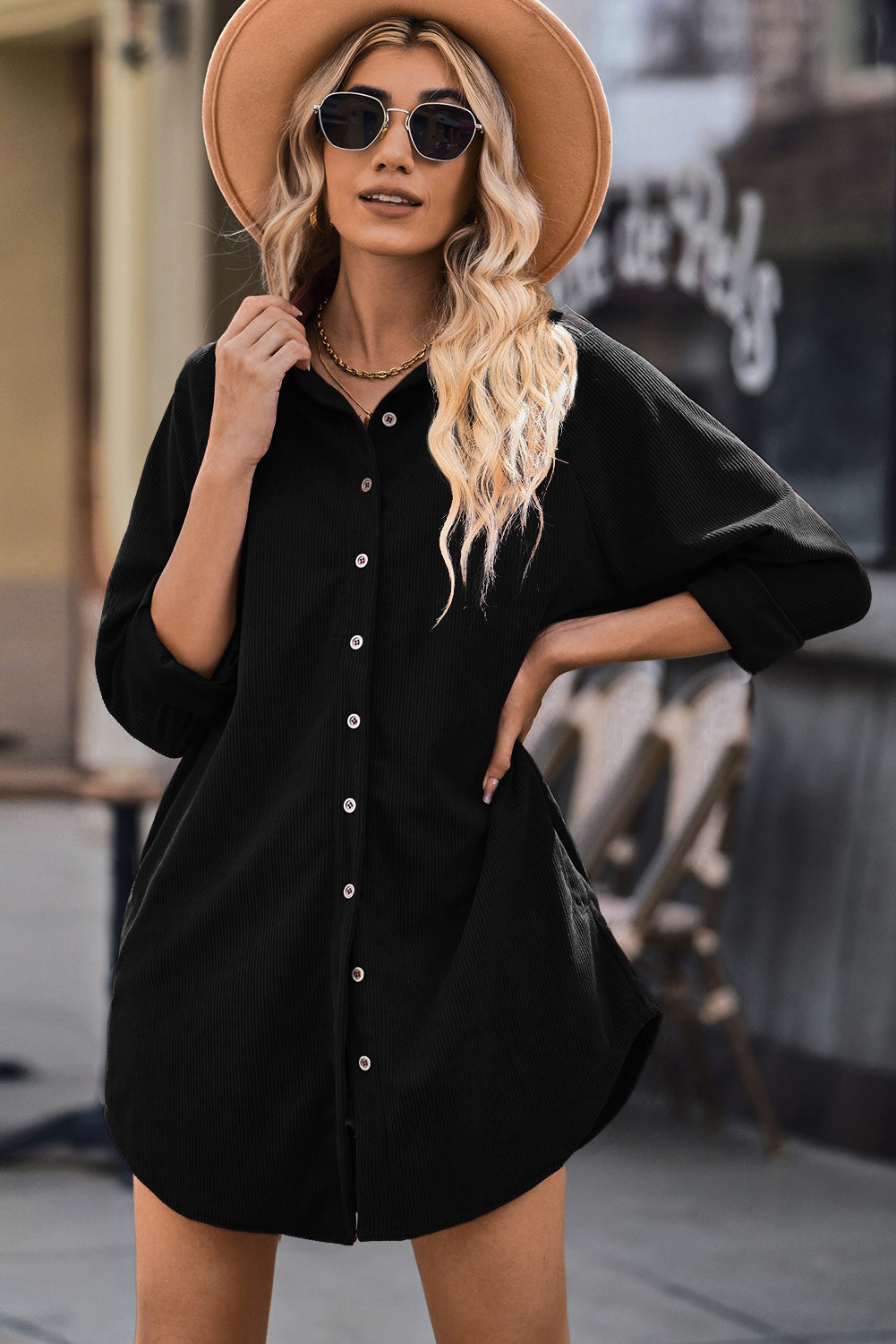 Women's Button Front Curved Hem Raglan Sleeve Shirt Dress