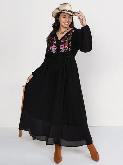 Plus Size Embroidered Tie Neck Long Sleeve Dress