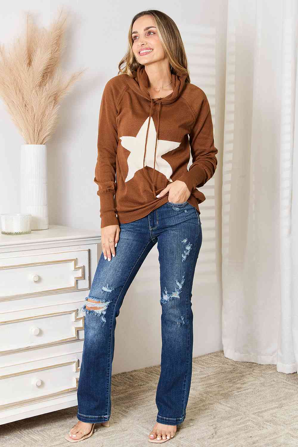Heimish Full Size Star Graphic Chestnut Brown Hooded Sweater