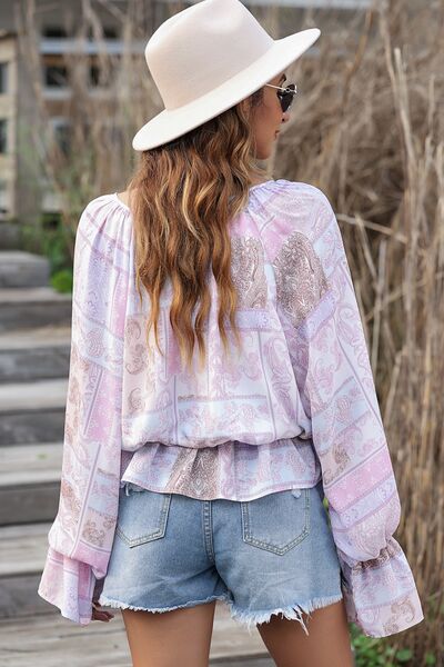 BeyondeBeauty Lavender Printed Tie Neck Flounce Sleeve Blouse