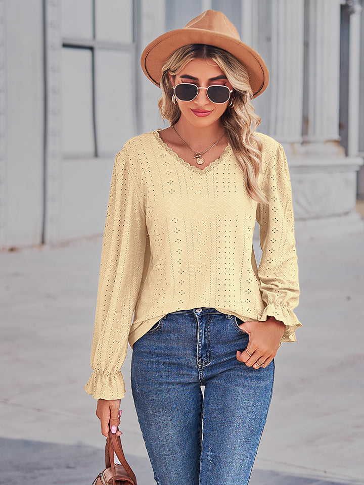 Full Size Eyelet V-Neck Flounce Sleeve Blouse