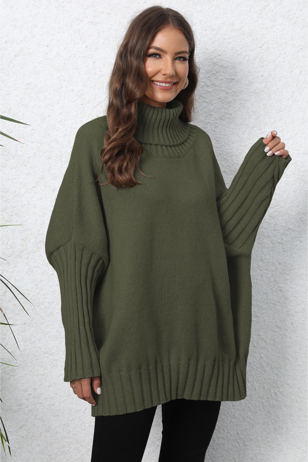 One Size Turtle Neck Long Sleeve Ribbed Sweater