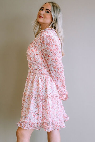 Women's TrulyMe Blush Pink Plus Size Floral V-Neck Frill Long Sleeve Dress