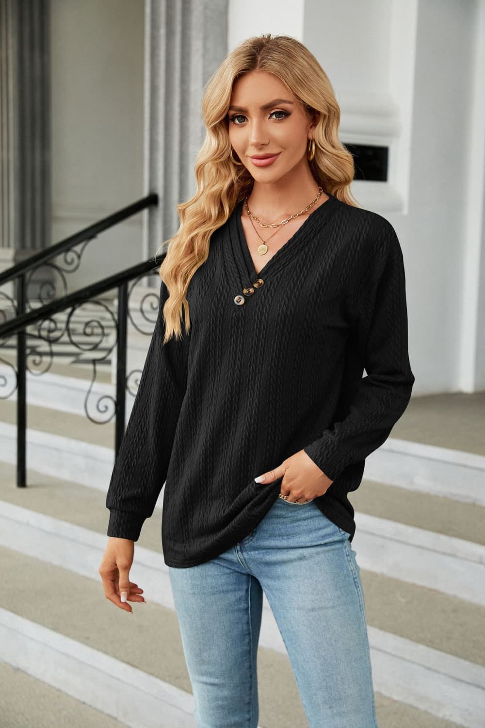 Full Size Decorative Button V-Neck Long Sleeve T-Shirt