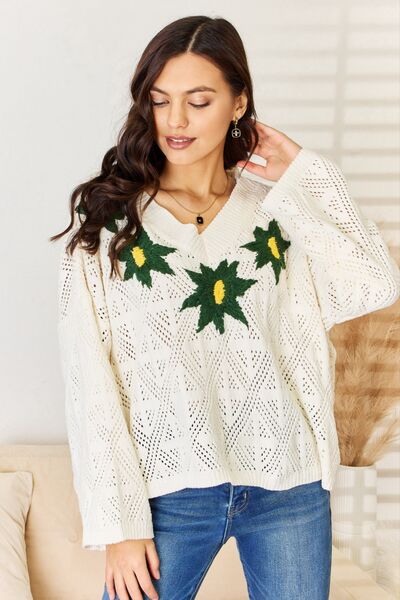 POL Cream Floral Embroidered Pattern V-Neck Sweater