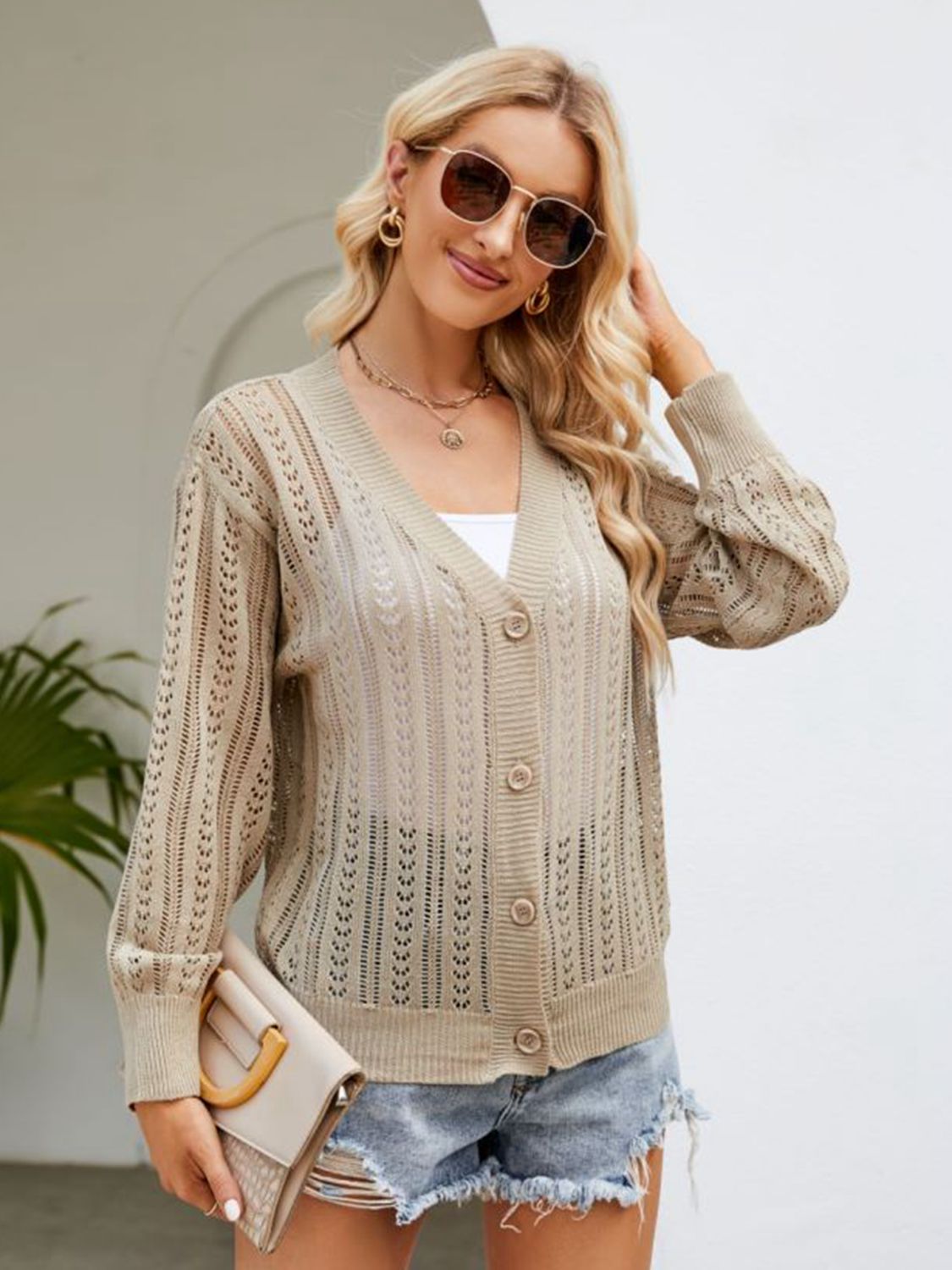 SkyMarie Button Down Ribbed Trim Cardigan