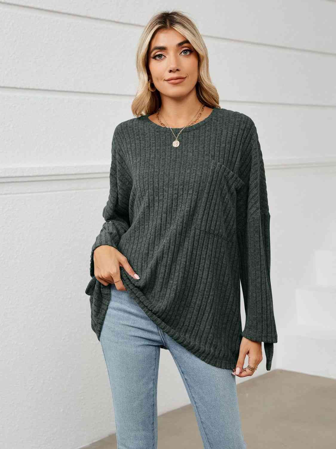 Full Size Round Neck Ribbed Long Sleeve T-Shirt