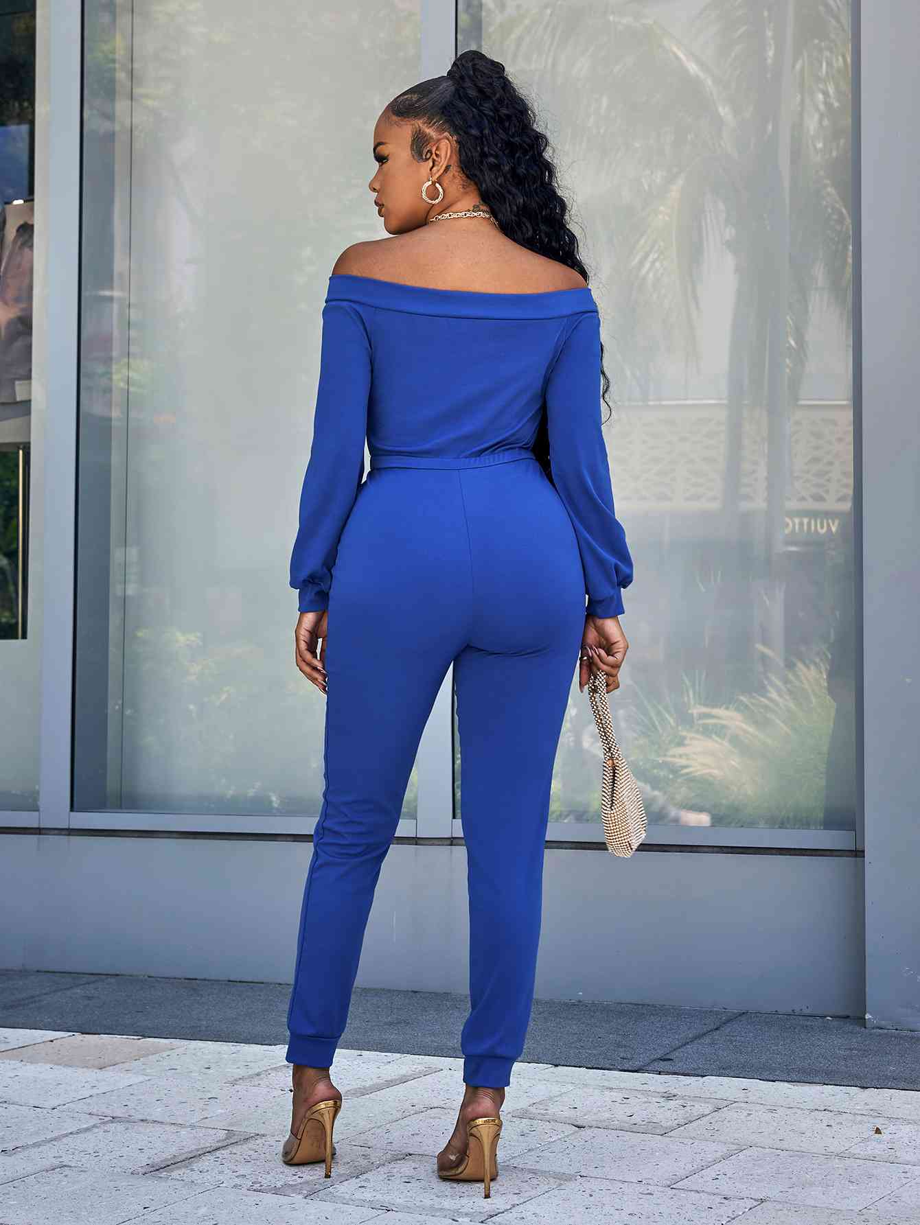 KenyaBay Lace-Up Off-Shoulder Long Sleeve Jumpsuit